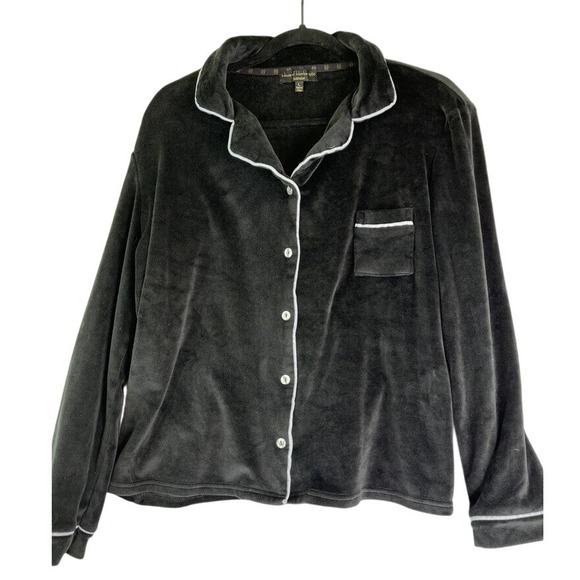 House of Harlow Black Stretch Velour‎ Button Collared Pajama PJ Top Cozy  Luxury - Picture 2 of 6